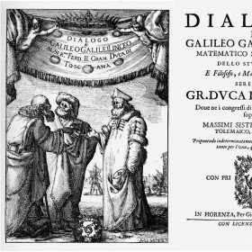 Frontispiece and title page of Galileo&#039;s Dialogue Concerning the Two Chief World Systems, 1632.